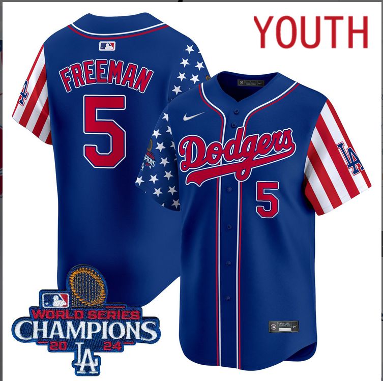Youth MLB Los Angeles Dodgers 5 Freeman American Style blue 2024 World Series Champions Limited Jersey